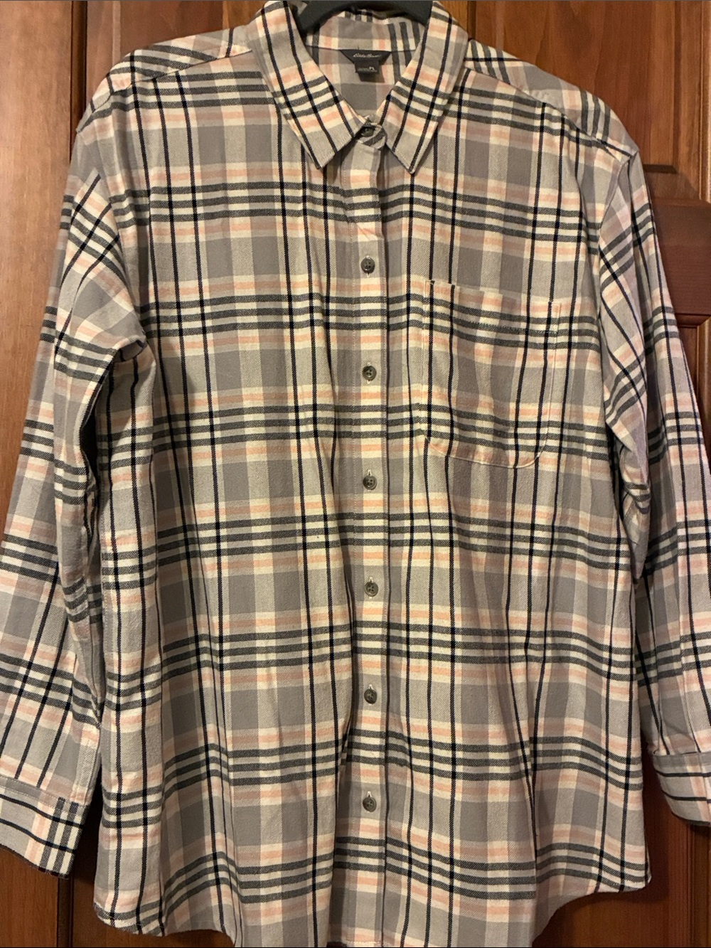 Eddie Bauer Women’s Plaid Flannel Button-Down Shirt - Gray, Cream & Tan